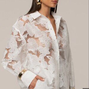 ASOS Unisex Oversized Camp Collar Shirt in Floral Burn out in White. L